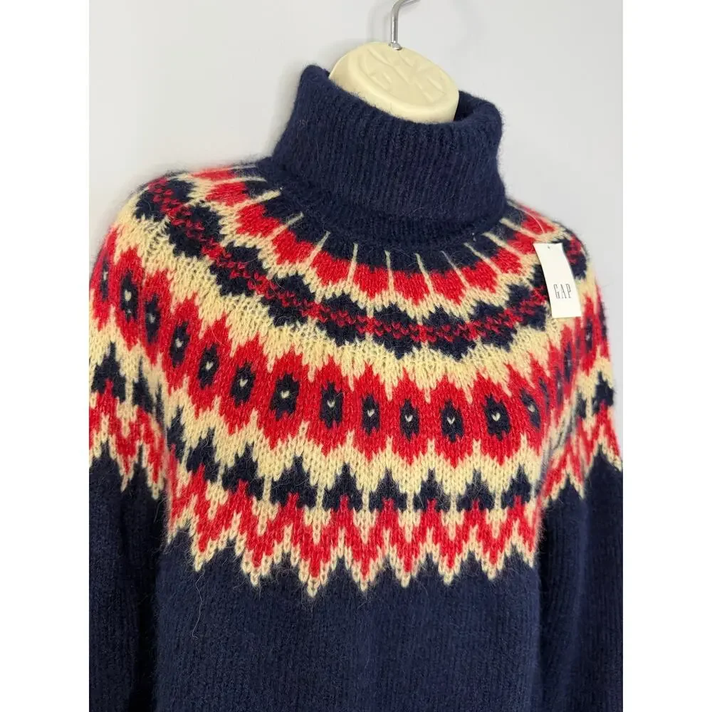 Gap Fair Isle Wool Turtleneck Sweater Navy Split-Hem Red Cream Pattern Sz XS New
